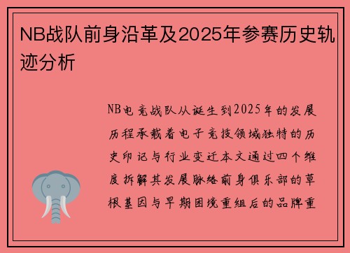 NB战队前身沿革及2025年参赛历史轨迹分析